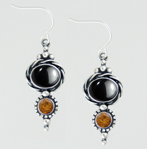 Sterling Silver Drop Dangle Earrings With Hematite And Amber